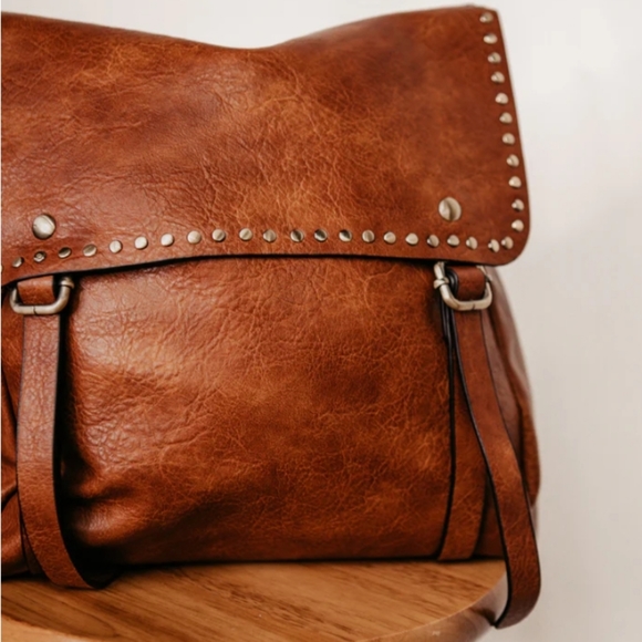 New! Camel Studded Vegan Leather Convertible Backpack Bag - Picture 6 of 6